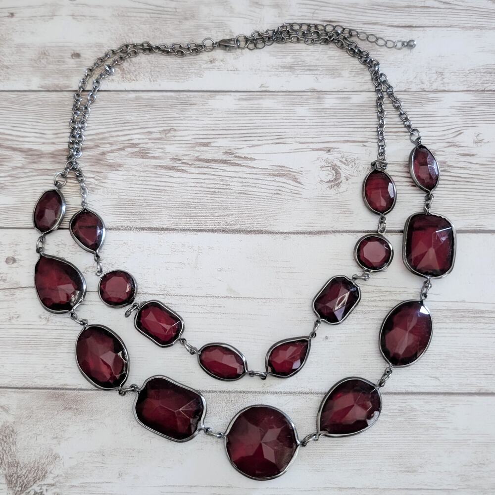Vintage Necklace Dark Red and Dark Silver Tone / Grey Statement Necklace